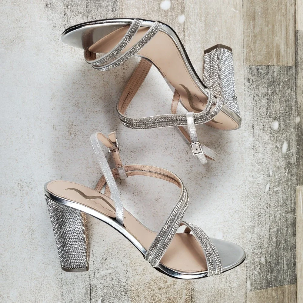 Nina Sabetha Womens Sandals Sz 9.5 M White Rhinestone Embellished Block Heel